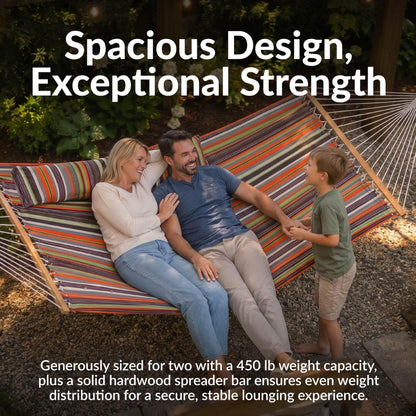 Sunnydaze Quilted Double Hammock for Outside with Spreader Bars and Pillow - 450 lb Capacity, 74x55 Inch Bed, UV Resistant, Quick Dry - Chains Included, Stand Sold Separately - Canyon Sunset