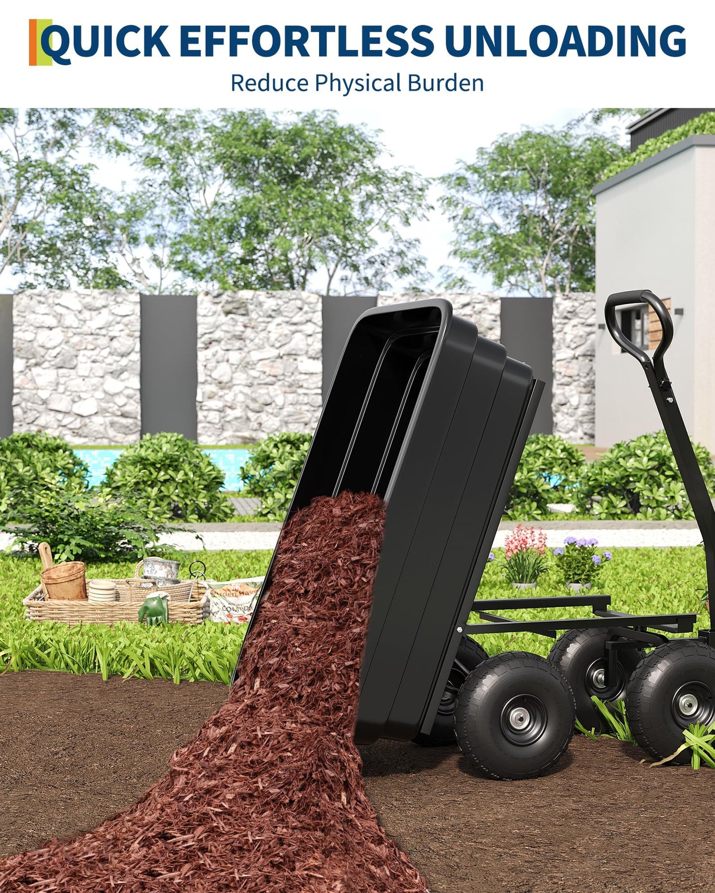 1200LB Capacity Heavy Duty Garden Utility Wagon, All-Terrain Dump Cart with 180° Adjustable Handle & Quick Release for Soil, Plants, Tools, Black