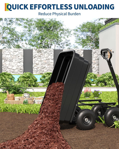 1200LB Capacity Heavy Duty Garden Utility Wagon, All-Terrain Dump Cart with 180° Adjustable Handle & Quick Release for Soil, Plants, Tools, Black
