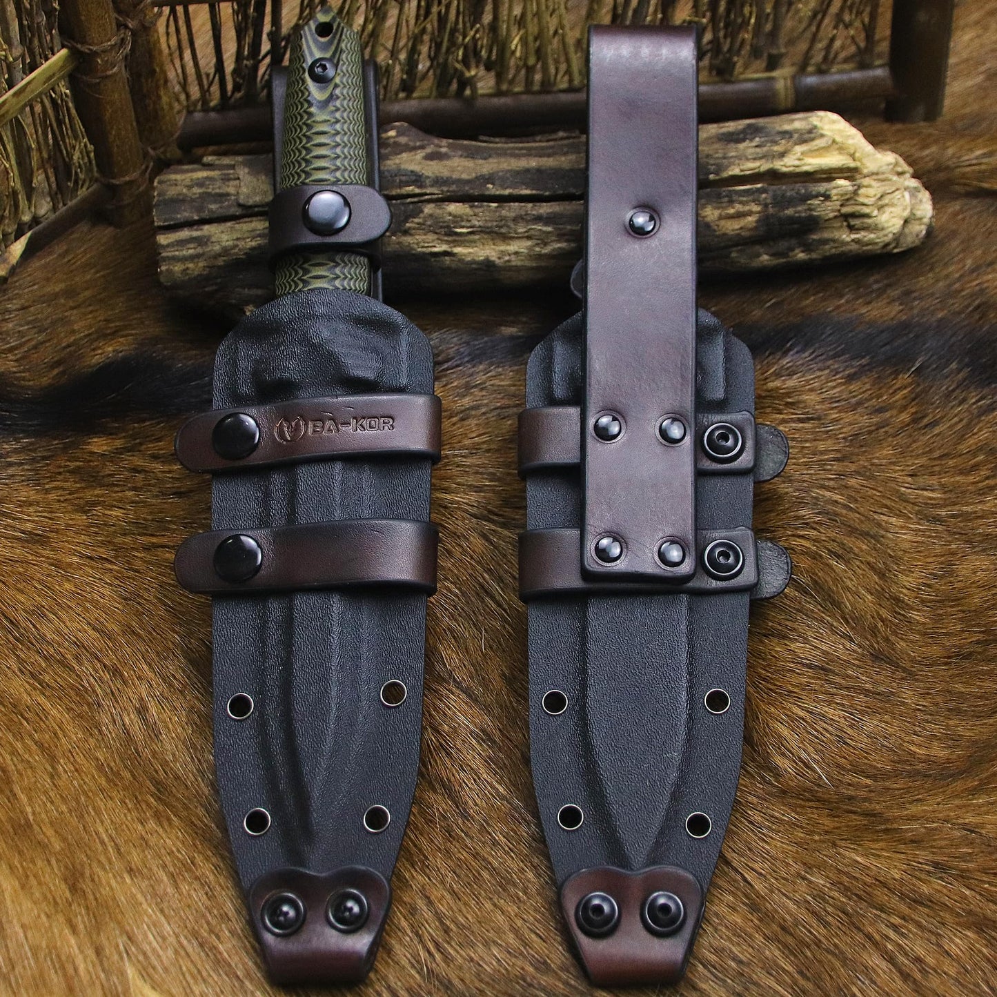 BA-KOR 11.4” Fixed Blade Hunting Knife, CPM 3V Steel Full Tang Survival Knife, 5mm Thick Stonewashed Dual Edge with Partial Serration, G10 Handle, Leather Kydex Sheath & 5.9” Fire Starter