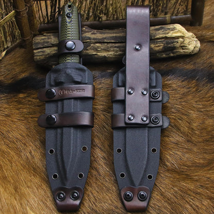 BA-KOR 11.4” Fixed Blade Hunting Knife, CPM 3V Steel Full Tang Survival Knife, 5mm Thick Stonewashed Dual Edge with Partial Serration, G10 Handle, Leather Kydex Sheath & 5.9” Fire Starter