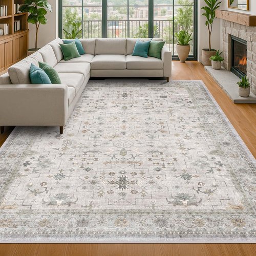 Hazo Haus Boho Light Grey Living Room Rug - Modern Vintage Floral Design | Extra Large 9x12, Washable Non-Slip