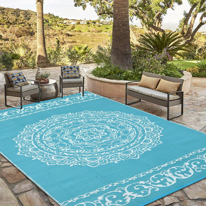 GlowSol Outdoor Rug 9x18 ft, Reversible Waterproof Outdoor Plastic Straw Rug, Oriental Medallion Patio Rug, Large Outdoor Carpet, RV Mat Outside for Patio, Camp, Picnic, Balcony, Deck, Backyard,Blue