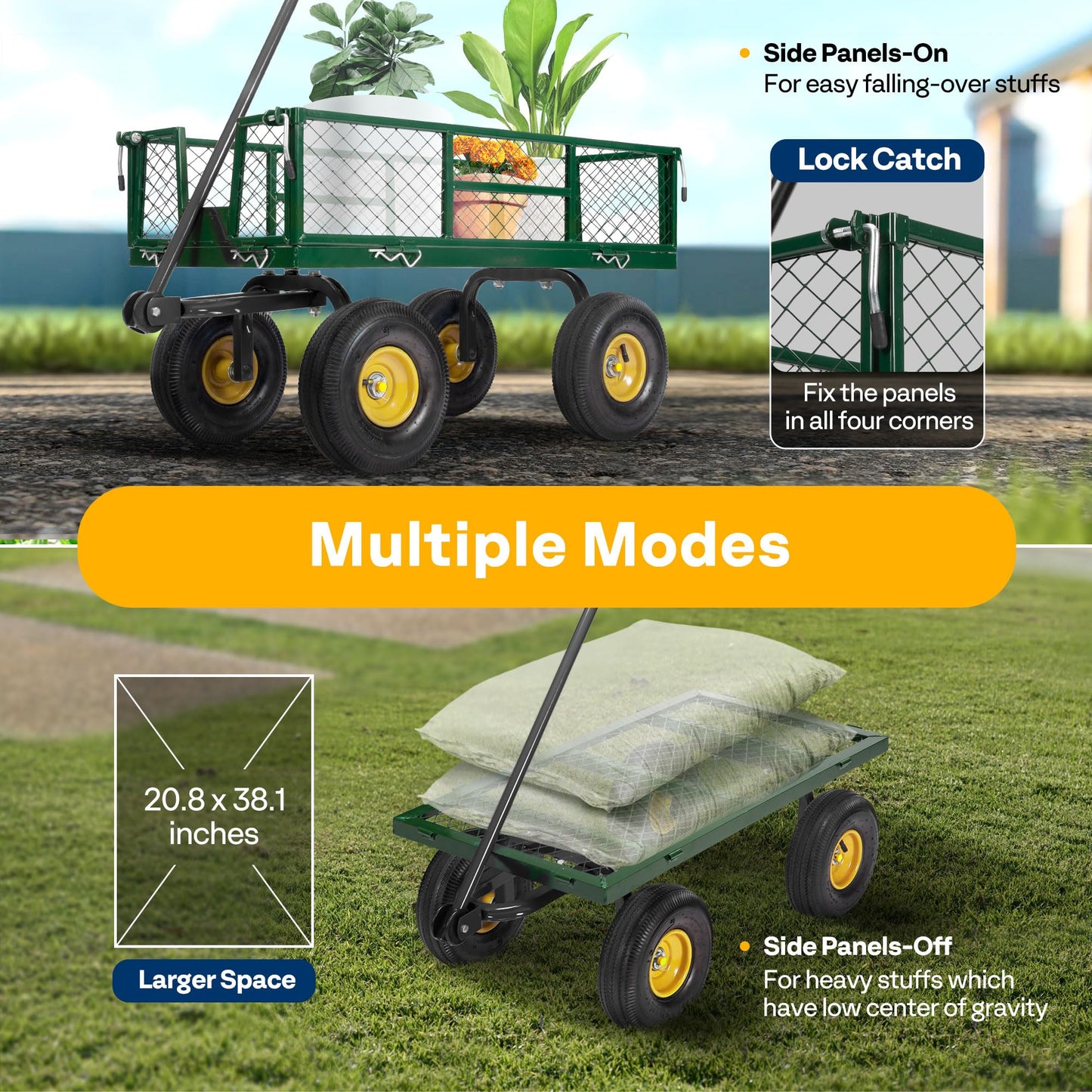 VIVOHOME Heavy Duty 880 Lbs Capacity Mesh Steel Garden Cart Folding Utility Wagon with Removable Sides and 4.10/3.50-4" Wheels 10 Inch Tire(Green)