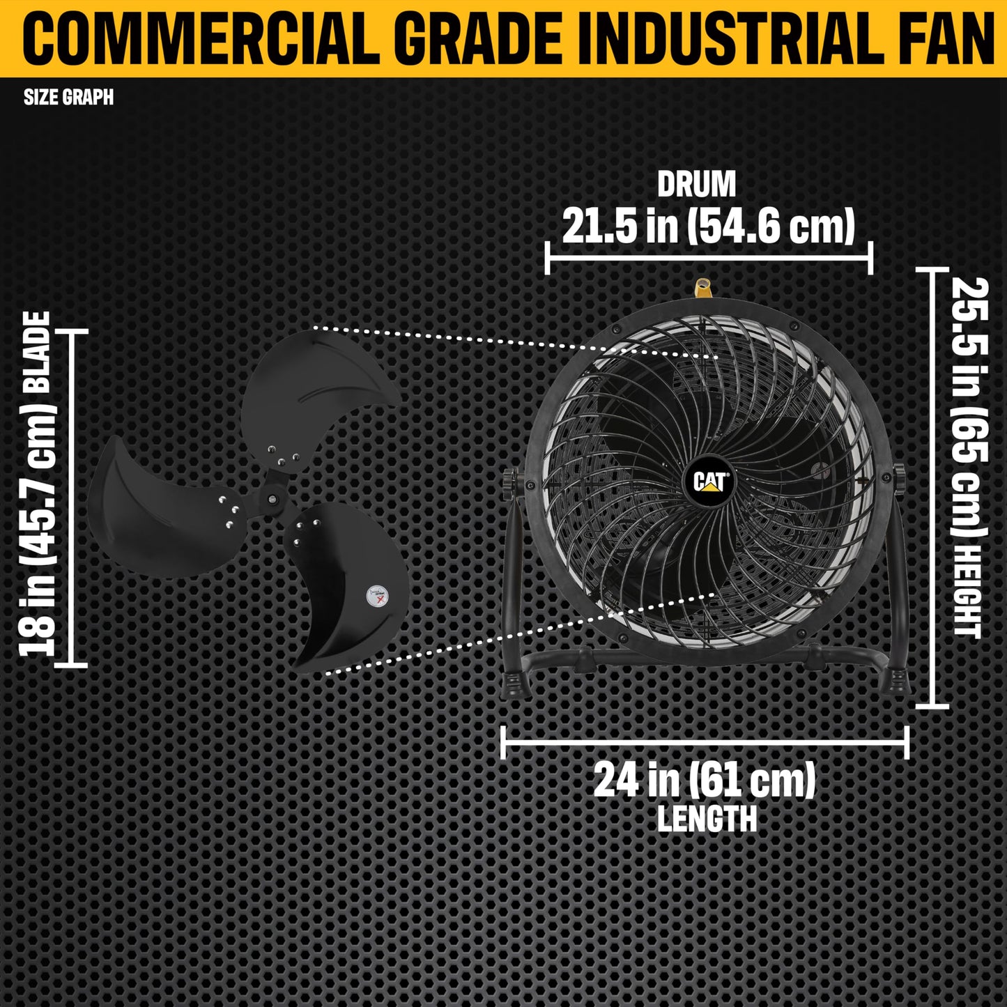 CAT fans - 18”-Blade High-Velocity Drum Fan Heavy Duty Industrial Grade (Yellow, 2-in-1): 3,400 CFM, 4-Speed, 360 Degree Adjustable Drum Head, Dual Ball Bearing Motor with Die-Cast Cover (HVD-18AC)