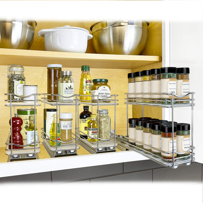 LYNK PROFESSIONAL® Pull Out Spice Rack Organizer for Inside Kitchen Cabinets - 4-1/4 inch Wide - Slide Out Drawer – Chrome Sliding Spice Cabinet Organization Shelf Racks - 2 Tier