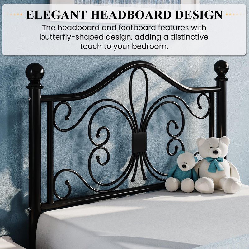 SHA CERLIN Twin Size Bed Frame for Kids,Metal Bed Frame with Butterfly Pattern Design Headboard and Footboard,No Box Spring Needed,Easy Assembly,Black
