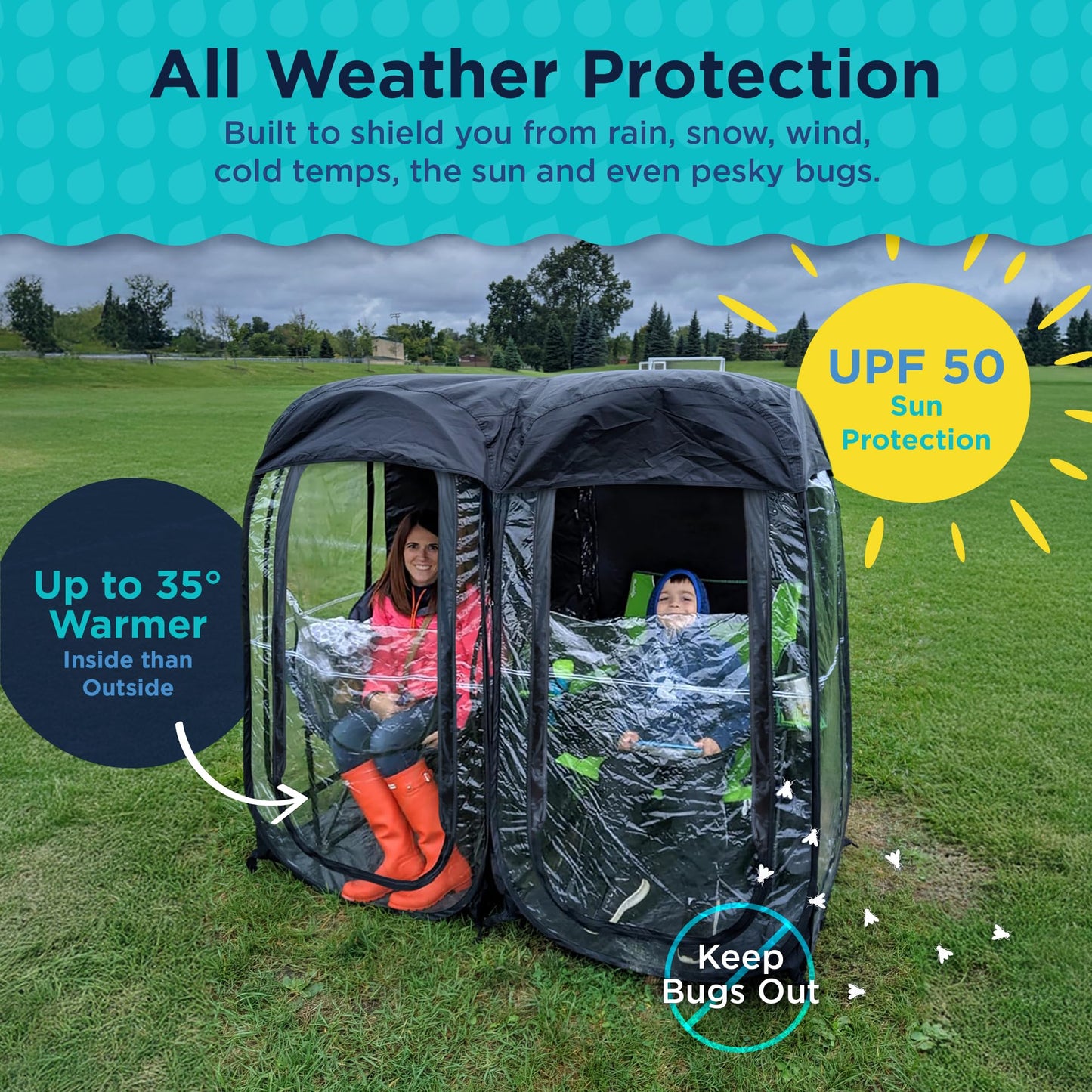 WeatherPod® Side-by-Side™ 2 Person Pop-Up Sports Tent Pod - The Original Shark Tank Instant Setup All-Weather Pod Shelter for Outdoor Sports, Rain, Wind & Cold