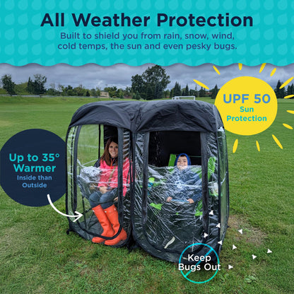 WeatherPod® Side-by-Side™ 2 Person Pop-Up Sports Tent Pod - The Original Shark Tank Instant Setup All-Weather Pod Shelter for Outdoor Sports, Rain, Wind & Cold