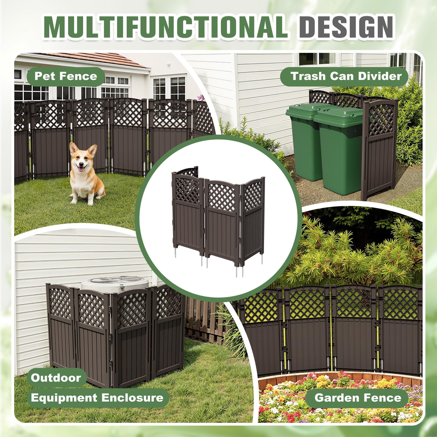 Greesum Air Conditioner Privacy Fence Screen, 4 Panels Trash Can Enclosure, 49.45" H x 22.62" W, Weather Resistant for Outdoor Pool Equipment, Garbage Bins, Brown