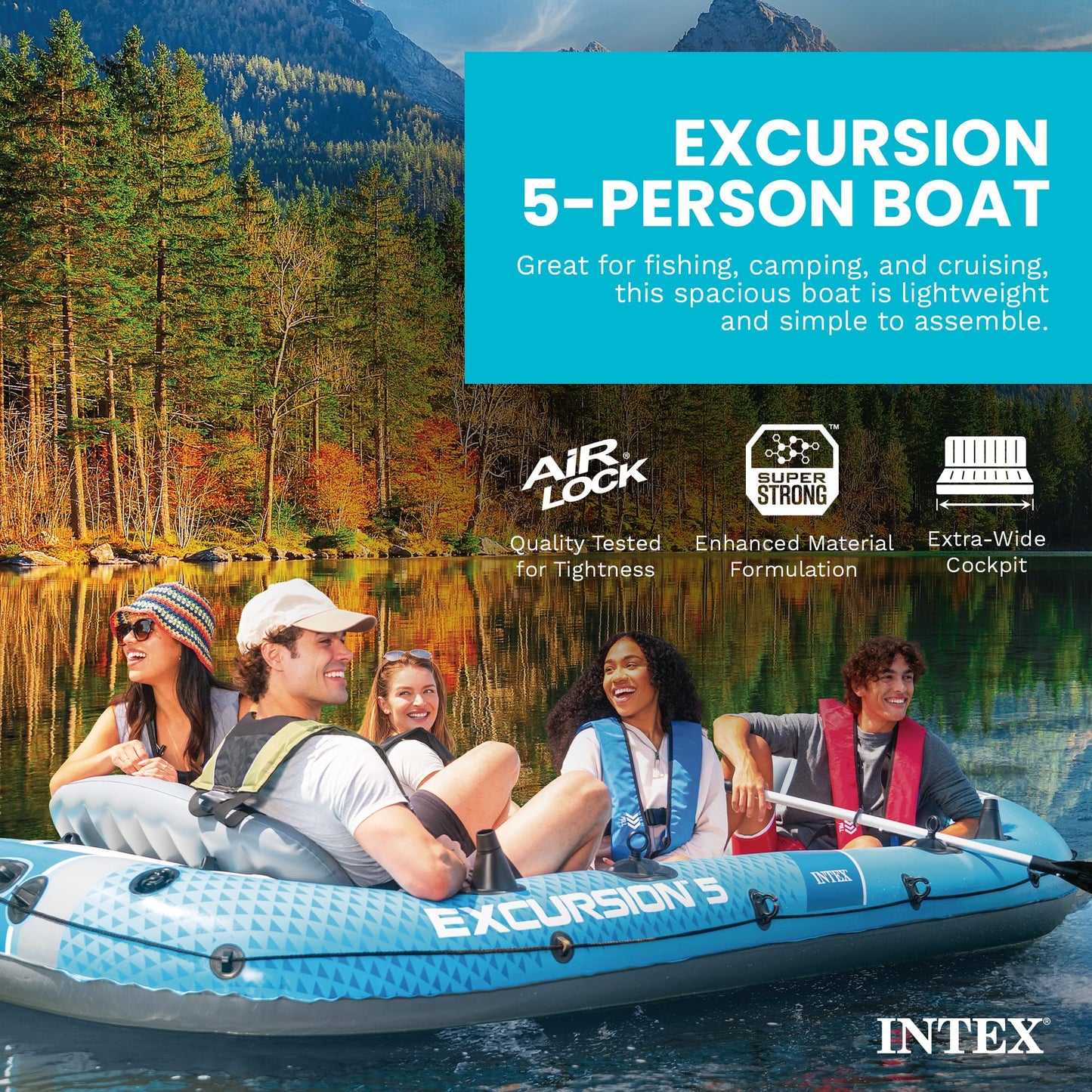 INTEX 66325EP Excursion 5 Inflatable Boat Set: Includes Deluxe 54in Aluminum Oars and High-Output-Pump – Adjustable Seats with Backrest – Fishing Rod Holders – 5-Person – 1320lb Weight Capacity