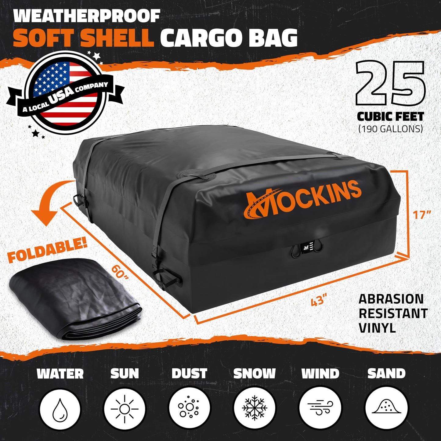 Mockins 25 Cu.Ft. Heavy Duty Car Roof Bag 60"x43"x17" | Works with or Without Roof Rack | Great for Road Trip Vacations, Camping Adventures & More | Set Includes Roof Mat, Lock, Hooks & Straps