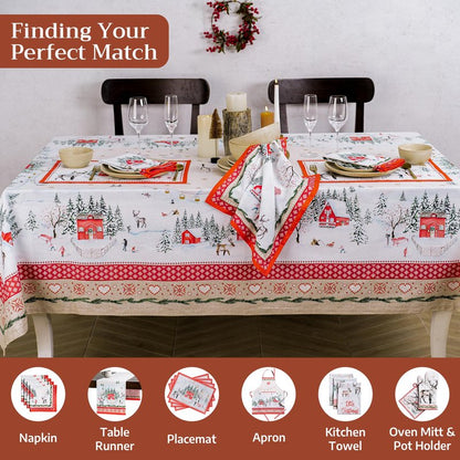 Maison d' Hermine Table Cloth Rectangle Table 100% Cotton 70 x 120 Inches Fall Tablecloth Reusable Everyday Use for Thanksgiving Christmas Decorations Dining Farmhouse Party (Rural Christmas)