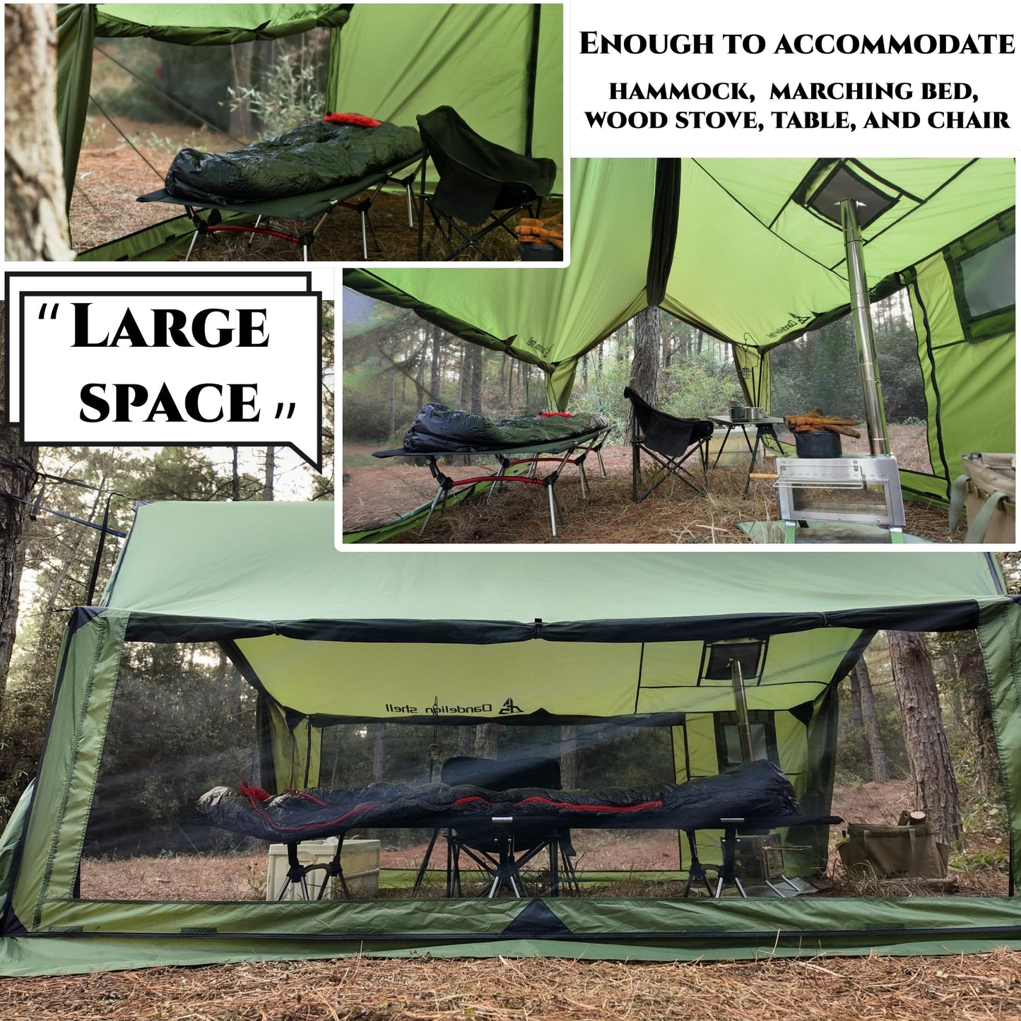 Dandelion Shell Hammock Hot Tent with Stove Jack and Double-Sided mesh Windows - Spacious, Versatile Wall Tent with Snow Skirt(No Poles)-Green Waterproof & Windproof, Ideal for Camping, Backpacking