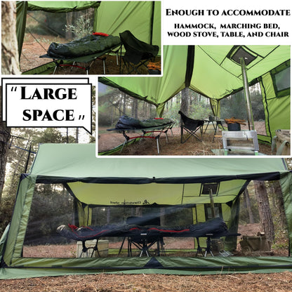 Dandelion Shell Hammock Hot Tent with Stove Jack and Double-Sided mesh Windows - Spacious, Versatile Wall Tent with Snow Skirt(No Poles)-Green Waterproof & Windproof, Ideal for Camping, Backpacking