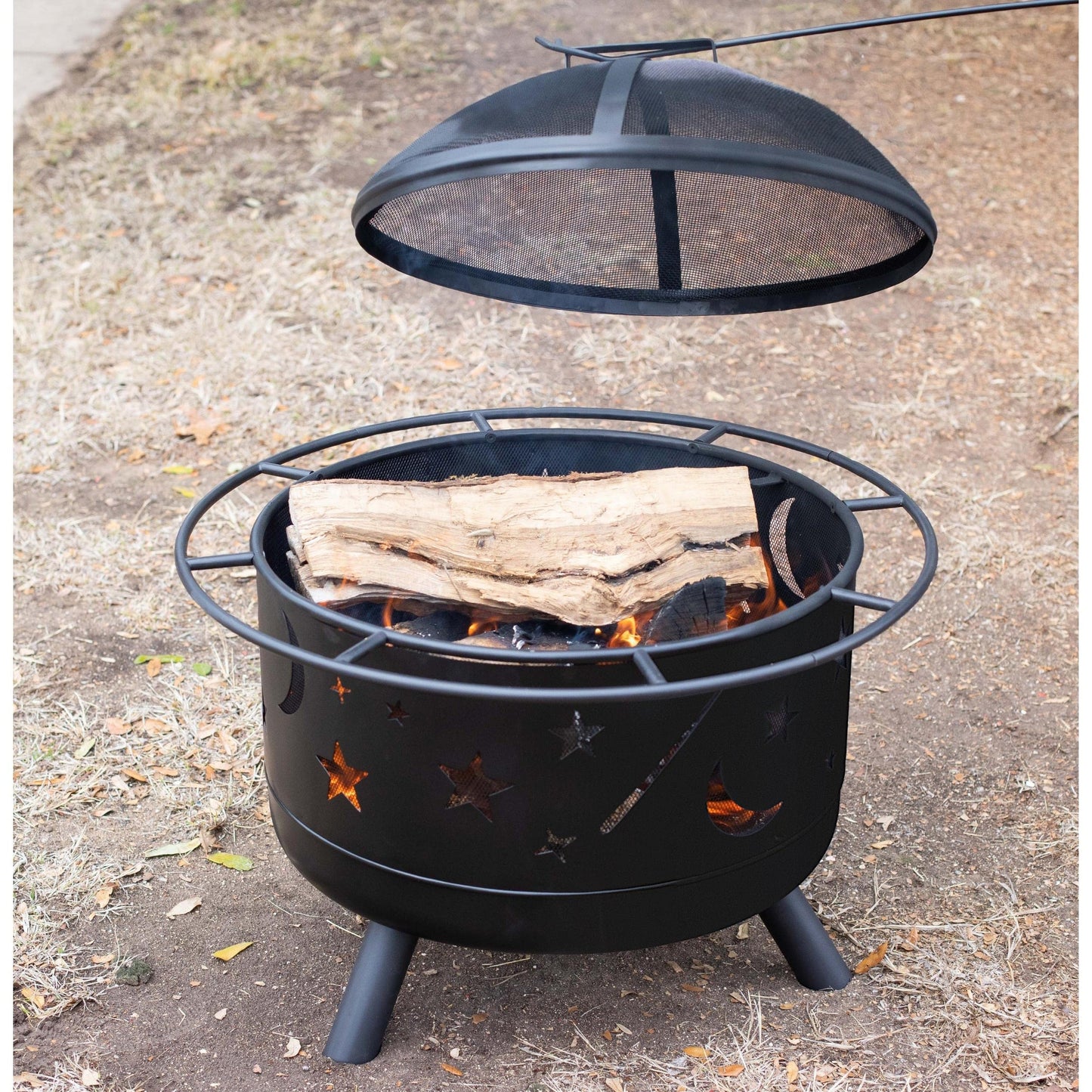 BIRDROCK HOME 30″ Round Wood-Burning Fire Pit – Portable Outdoor Patio & Garden Fire Bowl with Stars & Moon Cut-Outs, Spark Screen, Built-in Grate, 4 Roasting Sticks & Fire Poker - Black