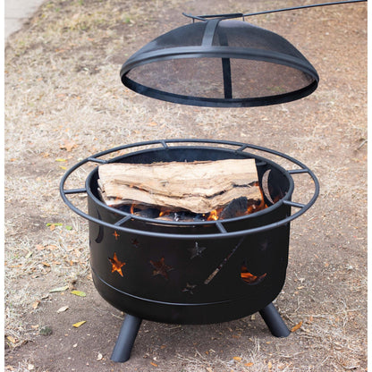 BIRDROCK HOME 30″ Round Wood-Burning Fire Pit – Portable Outdoor Patio & Garden Fire Bowl with Stars & Moon Cut-Outs, Spark Screen, Built-in Grate, 4 Roasting Sticks & Fire Poker - Black