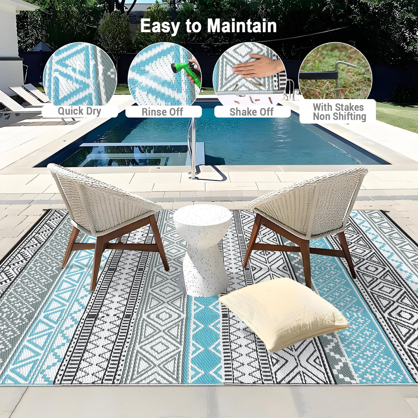 GarveeLife Outdoor Patio Rug 9x18 Waterproof Plastic Straw Rug, Reversible UV Resistant Foldable Camping Carpet Portable Modern Geometric Outdoor Floor Mat for Rv, Backyard, Blue/Grey