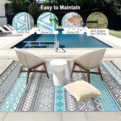 GarveeLife Outdoor Patio Rug 9x18 Waterproof Plastic Straw Rug, Reversible UV Resistant Foldable Camping Carpet Portable Modern Geometric Outdoor Floor Mat for Rv, Backyard, Blue/Grey
