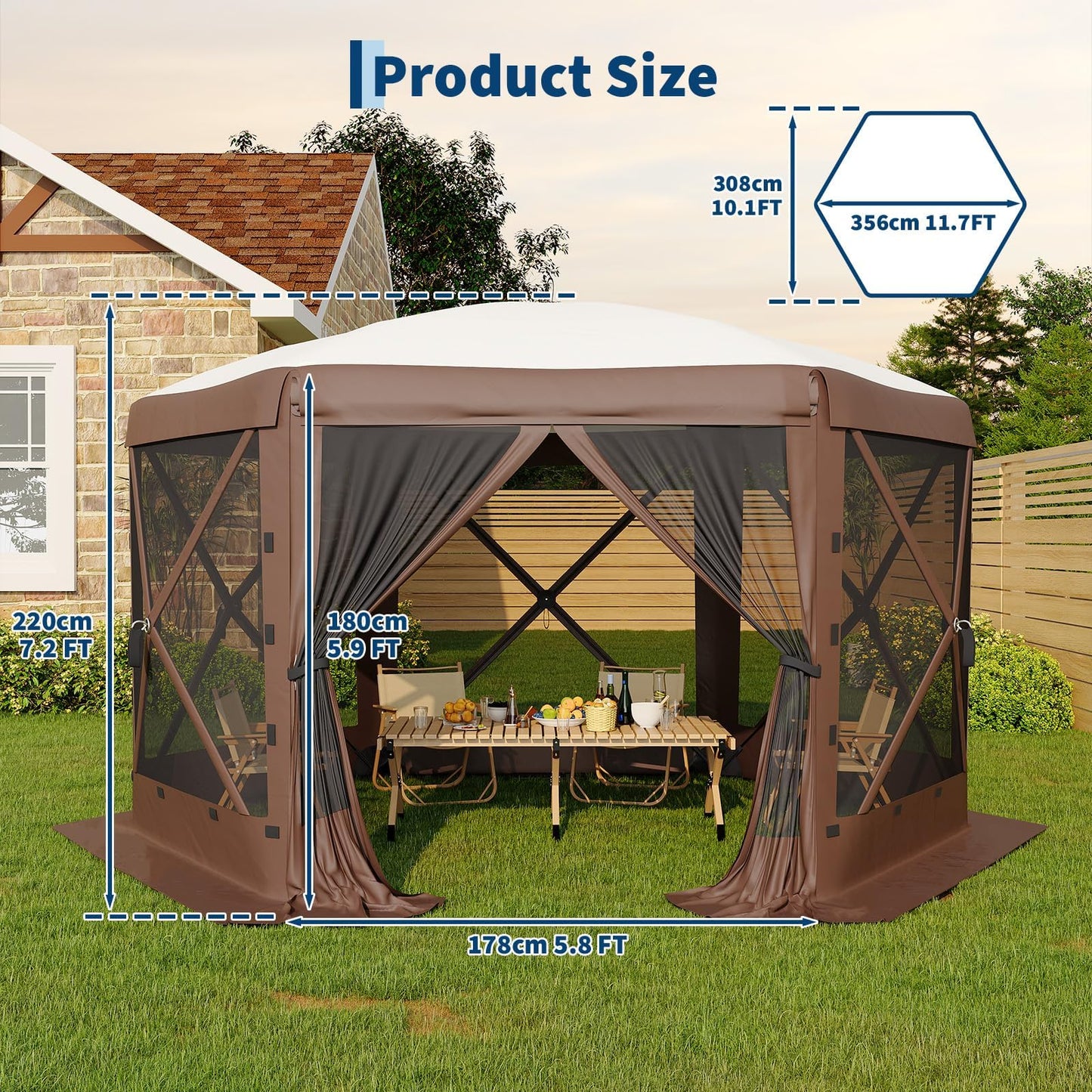 11.5x11.5FT Pop Up Canopy Tent, One-Push Setup Patio Gazebo with Removable Top & Wind Cloths, 6-Sided Outdoor Shelter for Camping, Backyard Parties, Events