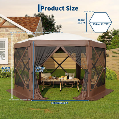 11.5x11.5FT Pop Up Canopy Tent, One-Push Setup Patio Gazebo with Removable Top & Wind Cloths, 6-Sided Outdoor Shelter for Camping, Backyard Parties, Events