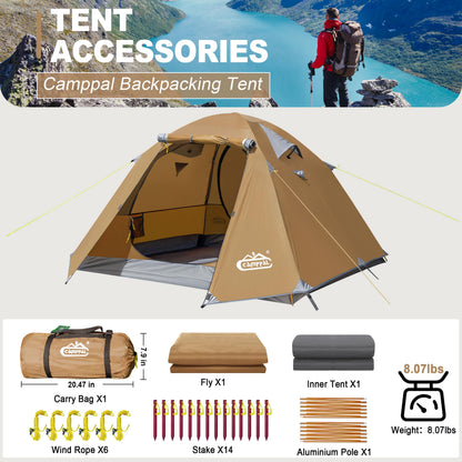 Camppal 2-3 Person Backpacking Tent, Waterproof Windproof 4 Season Tent for Camping, Easy Setup 2 Person Tent for Backpacking, Hiking, Hunting, Motor Cycling & Biking