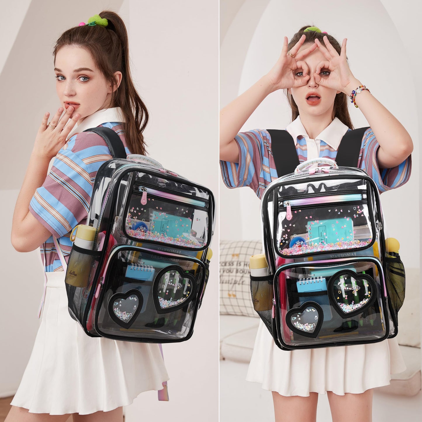 KIDNUO Clear Backpack for Girls,Clear Bookbag Heavy Duty Transparent Backpacks for Stadium Events, See Through Back Pack for Kindergarten Elementary Middle High School (Black)