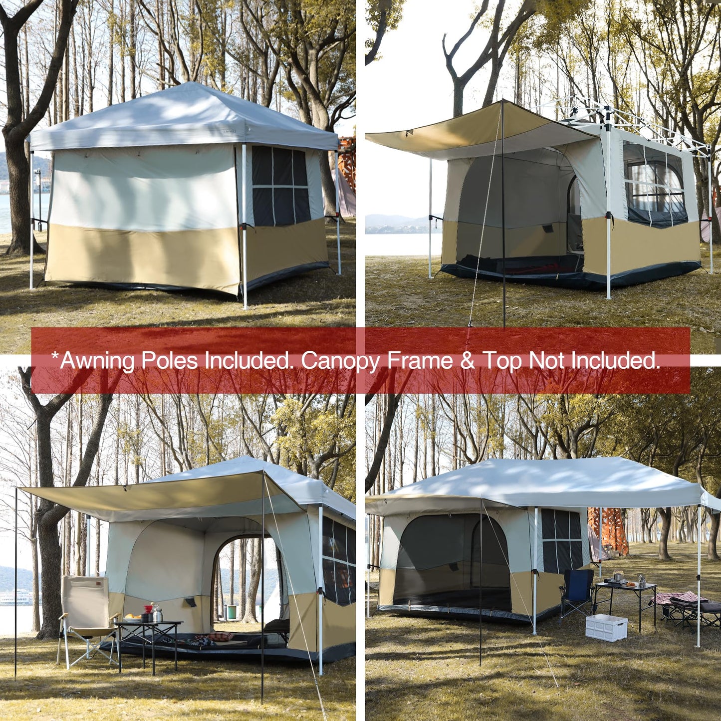 REDCAMP Canopy Camping Tent, Inner Tent with Awning Porch, Converts Straight Leg 10'x10' or 10'x20' Canopy into Camping Shelter, Fits 6 Person, Tawny(Frame/Shelter NOT Included)