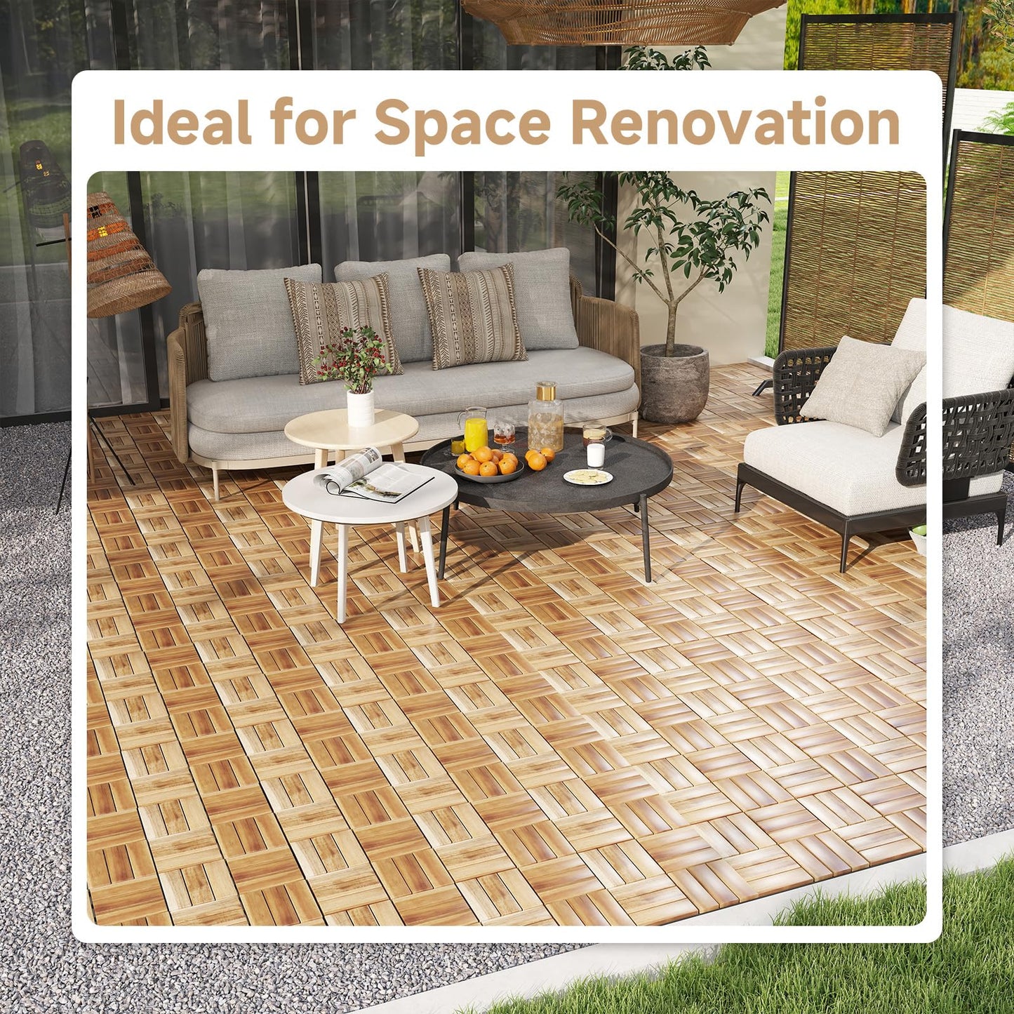 Rovibek Acacia Wood Interlocking Deck Tiles, 30PCS 12"x12" Outdoor Waterproof Decking Tiles, All Weather Use for Balcony Patio Backyard Poolside, Indoor & Outdoor, Checker Yellow