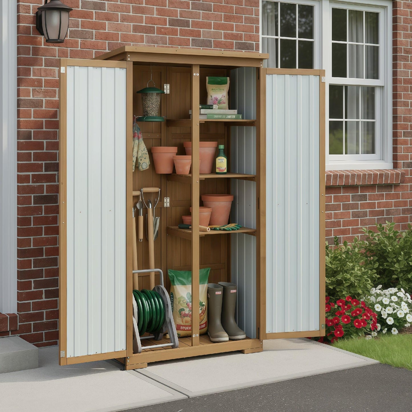 Outdoor Storage Cabinet Waterproof with Shelves, Small Storage Shed, Vertical Tall Patio Backyard Garden Storage Cabinet Tool Organizer for Outside