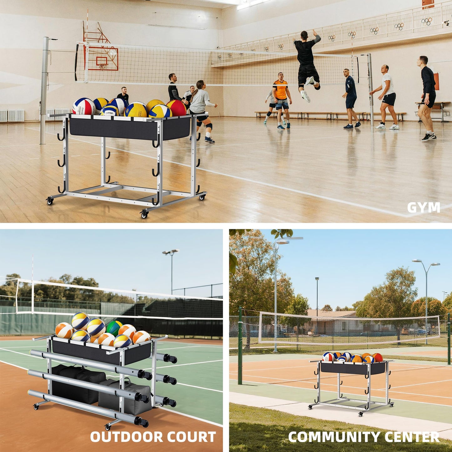 MR Volleyball Equipment Cart, Heavy-Duty Volleyball Gear Storage Trolley with 4 Removable Baskets & Lockable Wheels, Portable Volleyball Cart for Balls, Pads, Nets & Training Aids