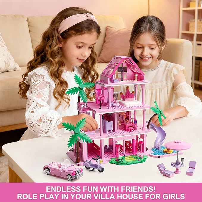 Girls House Building Sets Compatible with Lego Friends for Girls Age 8-12 4-Story Pink Villa Building Blocks Toys with Pull-Out Floors 903 Pieces Great Birthday Gift for Girls 8-14