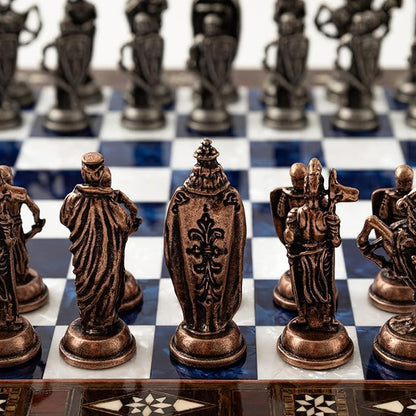 15” Handmade Wooden Storage Chess Set – Handmade Wooden Chess Board with Metal Pieces – Luxury Chess Gift for Adults Decorative &amp Collectible (Blue)