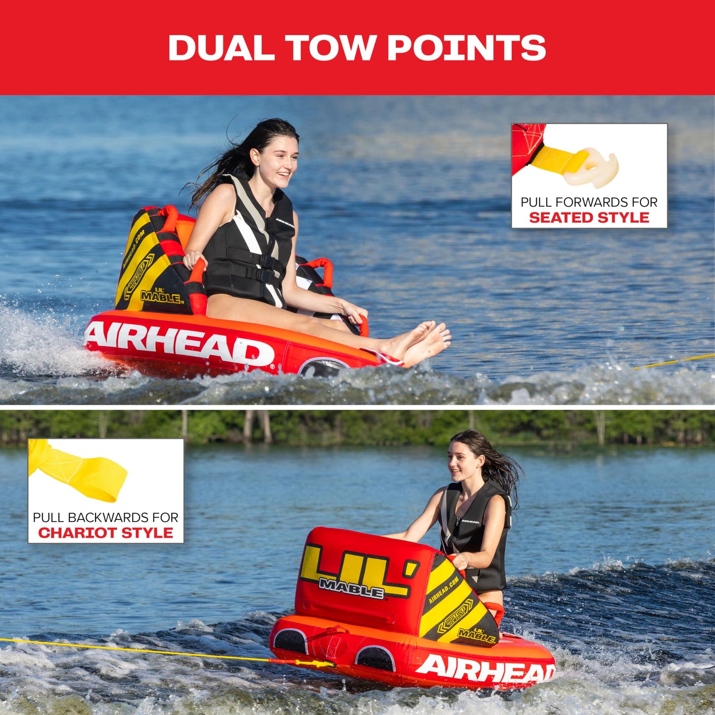 Airhead Lil' Mable Tailgate Towable Tube for Boating, 1 Rider Inflatable Boat Tube for Water Tubing, Heavy Duty Full Nylon Cover, EVA Foam Pads, Dual Tow Point, Patented Speed Safety Valve, Orange