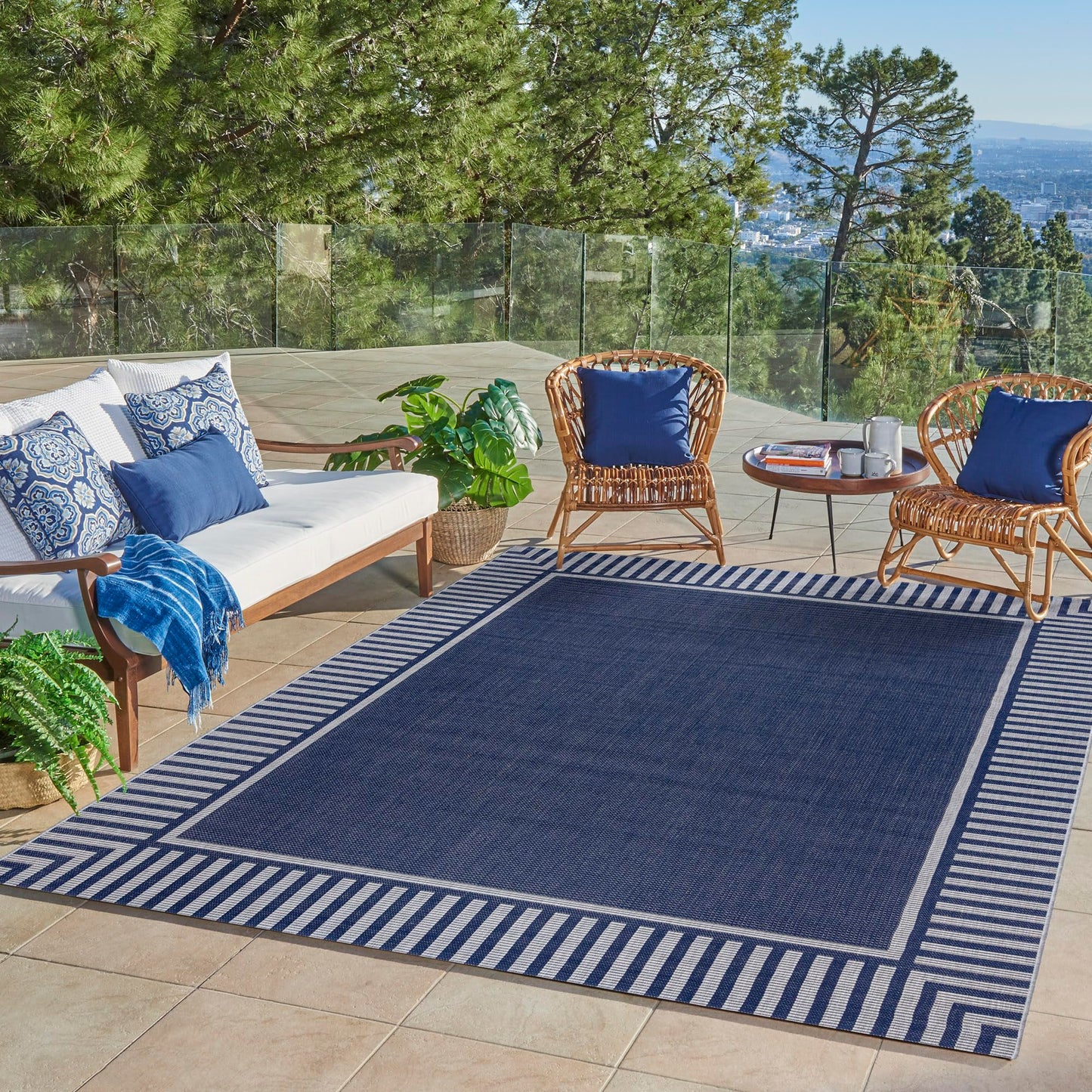 Gertmenian Indoor/Outdoor Flatweave Area Rug - 5x7 Standard, Stain & UV Resistant, Quick-Drying, Ideal for Deck, Patio, Poolside, Mudroom - Klano Striped Navy, Gray, 28009