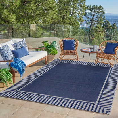 Gertmenian Indoor/Outdoor Flatweave Area Rug - 5x7 Standard, Stain & UV Resistant, Quick-Drying, Ideal for Deck, Patio, Poolside, Mudroom - Klano Striped Navy, Gray, 28009