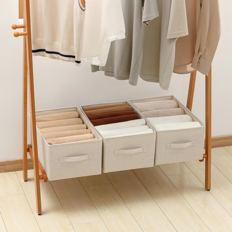 tulinstiraga Linen Folding Storage Bins, 3 Pack Large Storage Baskets, Washable, Clothing Storage Bins with Handle, Closet Organizer for Storage Sweater,Sheets(Beige, 18½"x11 x8½)