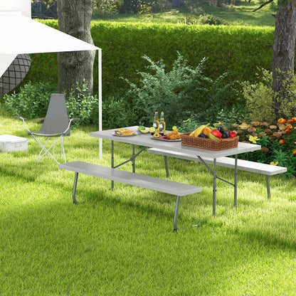Tangkula 6 Ft Folding Picnic Table, Outdoor 8 Person Large Picnic Table Set with 2 Built-in Benches, Umbrella Hole, Metal Frame & HDPE Tabletop for Garden, Backyard (Grey)