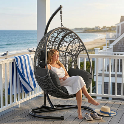 KEIKI Hanging Egg Chair with Stand Outdoor, 400LBS Capacity Patio Swing Chair with Cushion, Weatherproof PE Rattan Hammock Chair for Bedroom Balcony Garden, Waterproof Cover Included, Grey