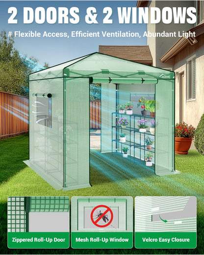 Acepic 8x8 Instant Pop up Greenhouses, Indoor Outdoor Portable Greenhouse Walk-in for All Season, Small Green House with Roll-Up Zipper Doors and Side Windows, 4 Sandbags, Pe Cover, Green/Clear
