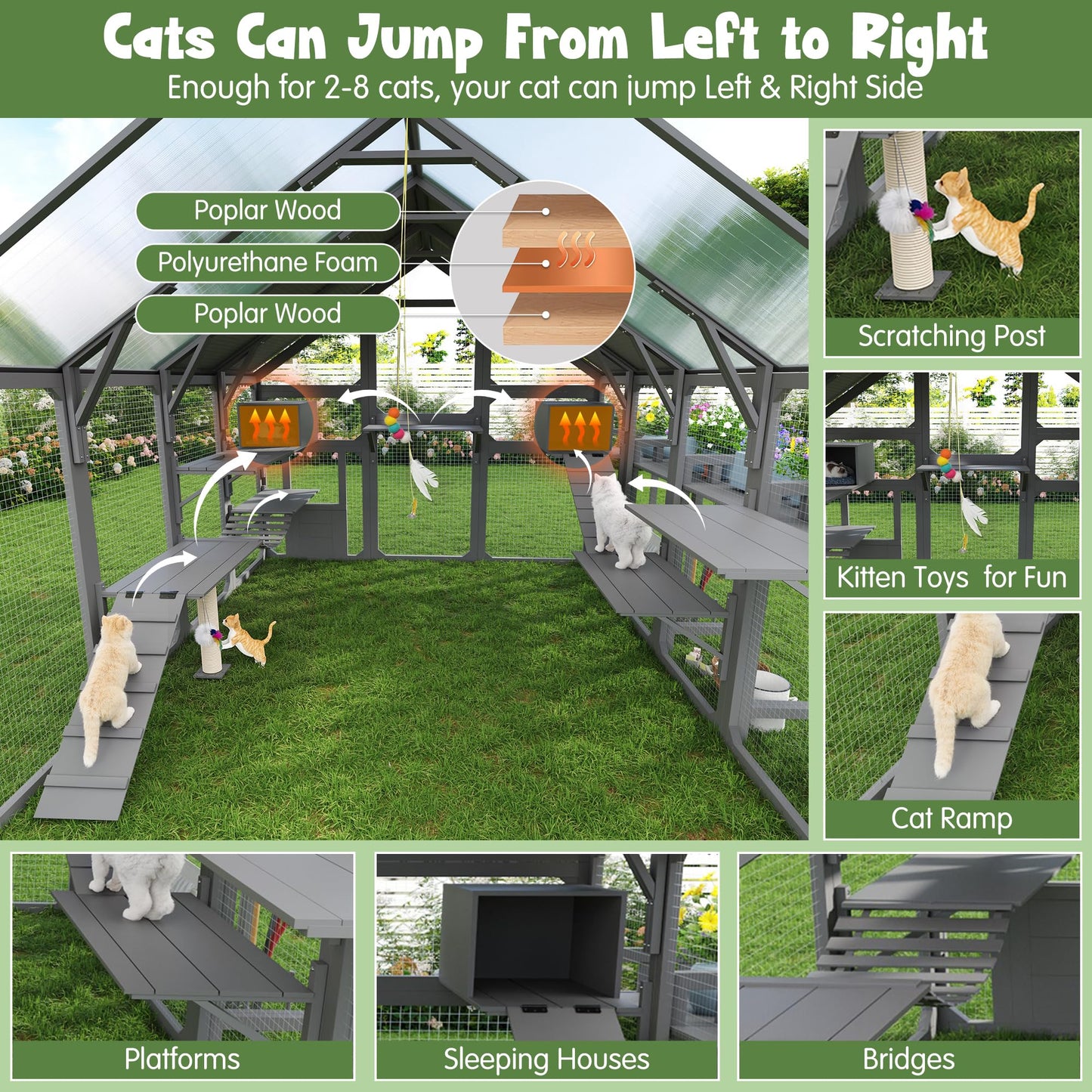 Merax Large Outdoor Cat House with Planter Stand, Wooden Walk-in Catio Enclosure with 8 Platforms, Hanging Bridge, 2 Resting Boxes, Scratching Post, Waterproof Cover for Patio Garden, Grey