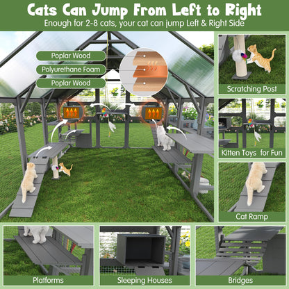 Merax Large Outdoor Cat House with Planter Stand, Wooden Walk-in Catio Enclosure with 8 Platforms, Hanging Bridge, 2 Resting Boxes, Scratching Post, Waterproof Cover for Patio Garden, Grey