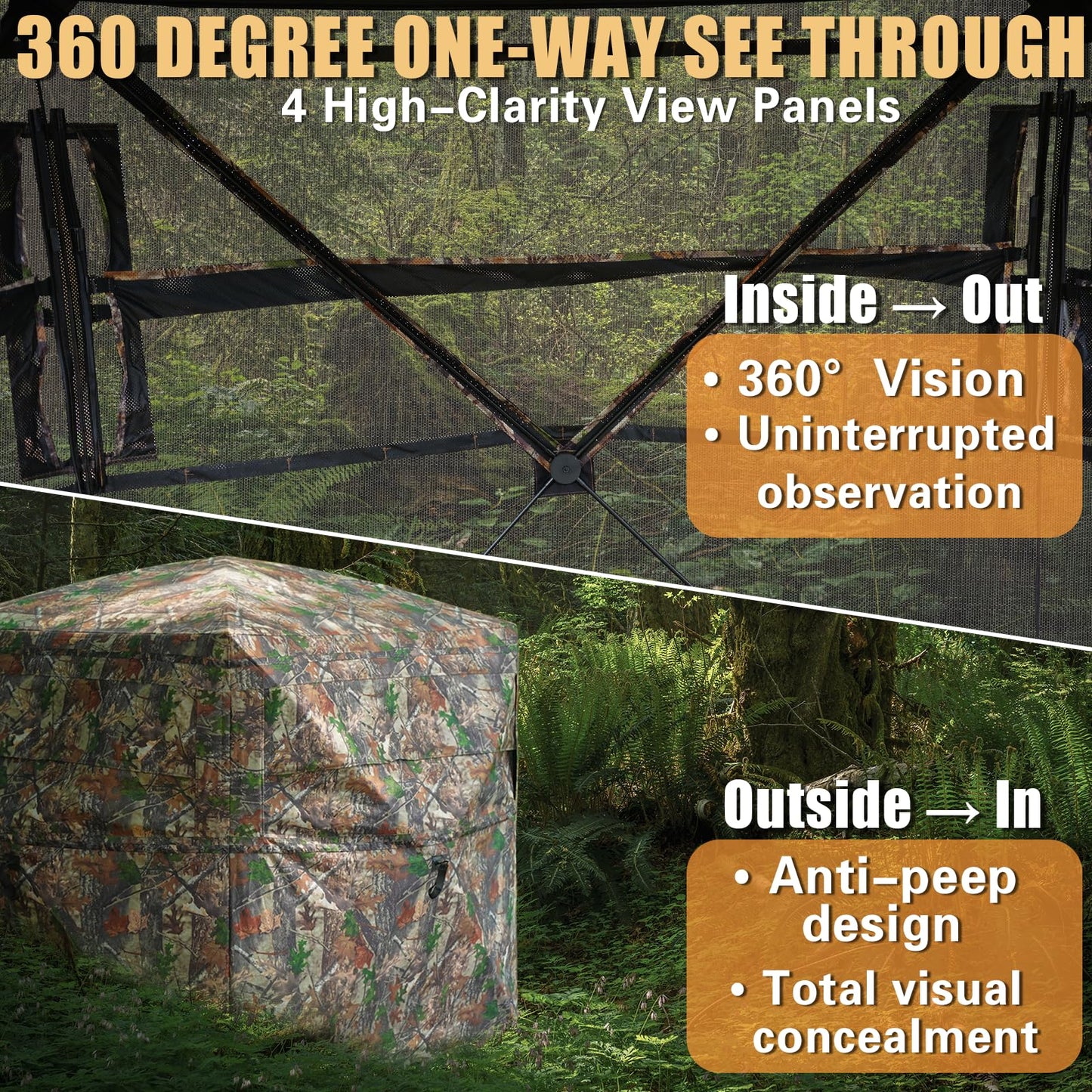 Beviliu Hunting Blinds 360 Degree See Through Ground Blind for Turkey Hunt, 2/3/4 Person Hunting Gear, Turkey Hunt Accessories Camouflage Portable Pop Up Deer Blinds for Hunt