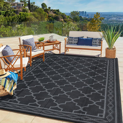 GlowSol Outdoor Rug 9x18 for Patios Waterproof Mat Outdoor Plastic Straw Rug Clearance, Reversible Carpet for Rv,Large Outside Carpet for Porch, Deck, Camper, Balcony, Backyard, Picnic,Black Grey