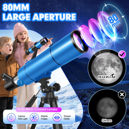 HUGERSTAR Telescope for Adults & Kids, 80mm Aperture 500mm (20X-150X) Professional Refractor Telescope for Astronomy Beginners, Portable Travel Telescopes with Tripod Phone Adapter, Stickers, Backpack