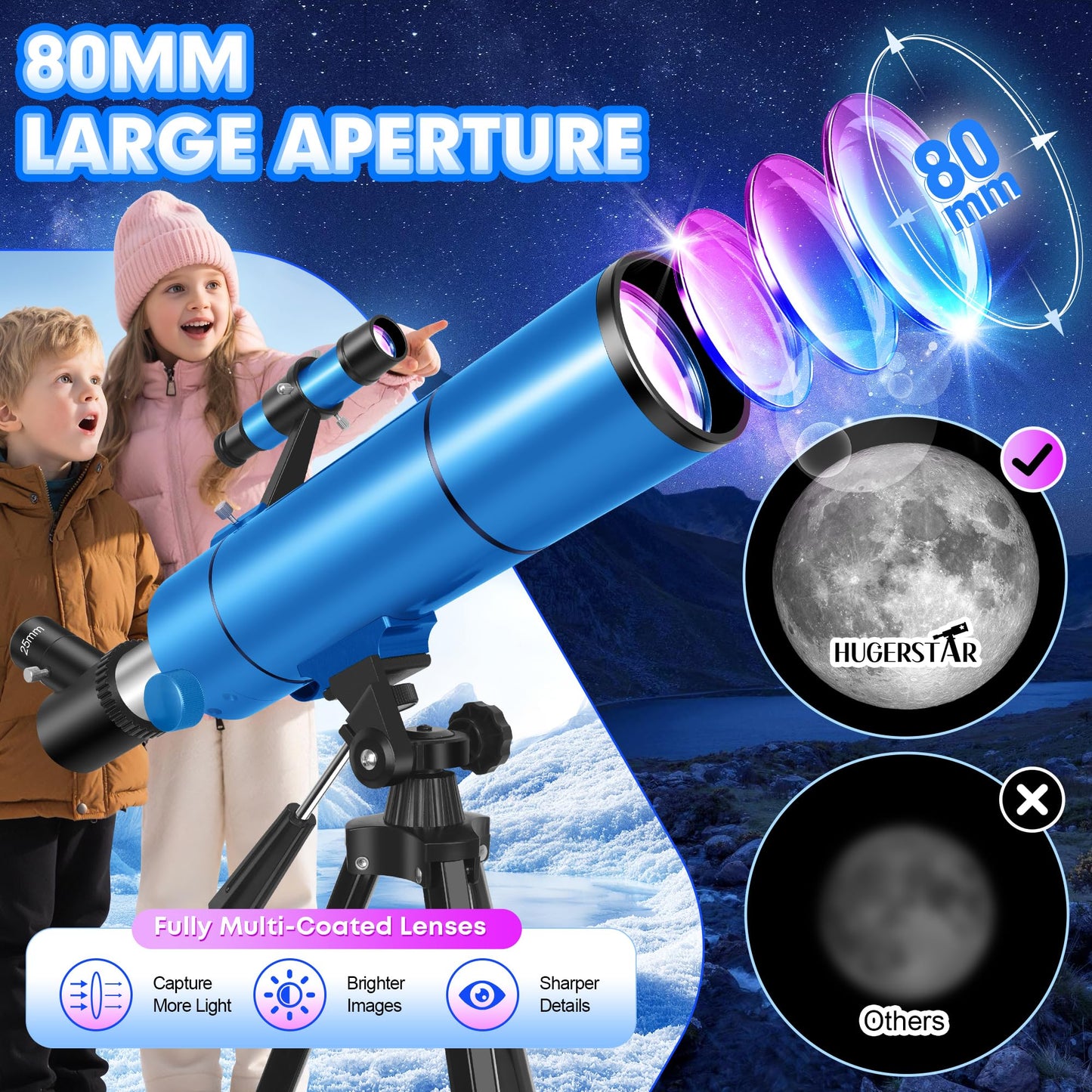 HUGERSTAR Telescope for Adults & Kids, 80mm Aperture 500mm (20X-150X) Professional Refractor Telescope for Astronomy Beginners, Portable Travel Telescopes with Tripod Phone Adapter, Stickers, Backpack