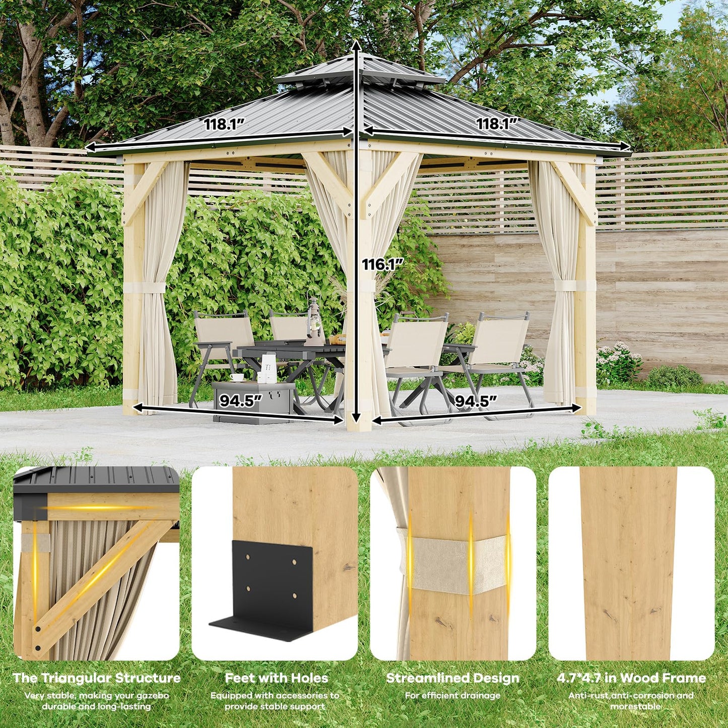 10 x 10 Ft Wood Gazebo, Hardtop Gazebo with Galvanized Steel Peak Roof, Outdoor Pavilion with Curtains and Netting, Patio Permanent Wooden Pavilion, Shade for Garden, Patio, Deck