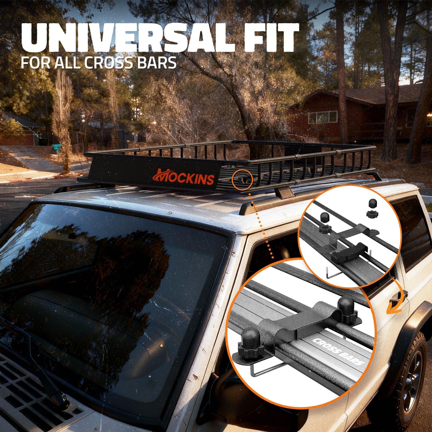 Mockins 50"x36"x4.5" Extendable Rooftop Cargo Carrier & 18 CuFt Orange Waterproof Roof Cargo Bag | 250 Lbs. Capacity Weatherproof SUV & Car Roof Rack Basket with Car Top Carrier Bag & Accessories