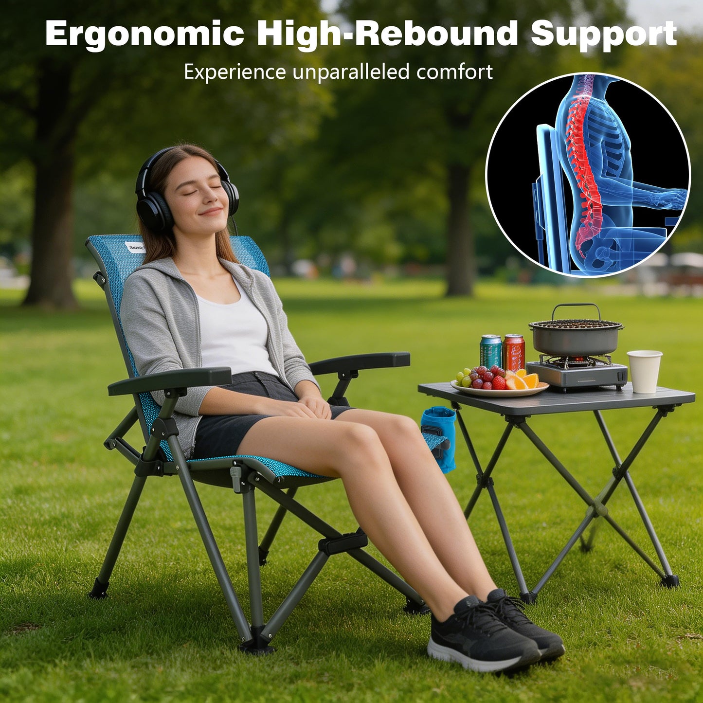 SUNNYFEEL Folding Camping Chair Heavy Duty Ergonomic Chairs Support 500lbs with Adjustable Breathable High Back Support and Cup Holder, Aluminum Frame for Fishing, Camp, Beach, Lawn, RV, Patio