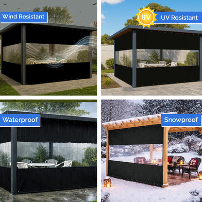 Covers & All Outdoor Clear Panel Curtain, 12 oz Vinyl Outdor Curtains for Patio, Waterproof & Weather Resistant Tarp with Brass Grommets for Pergola, Porch, Gazebos, Balcony (8'H x 10'W Feet, Black)
